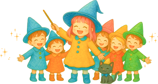 肩を組む4人の魔法使いのイラスト